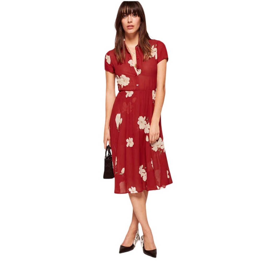 Reformation Red Floral Midi Dress with Cream Flower Print